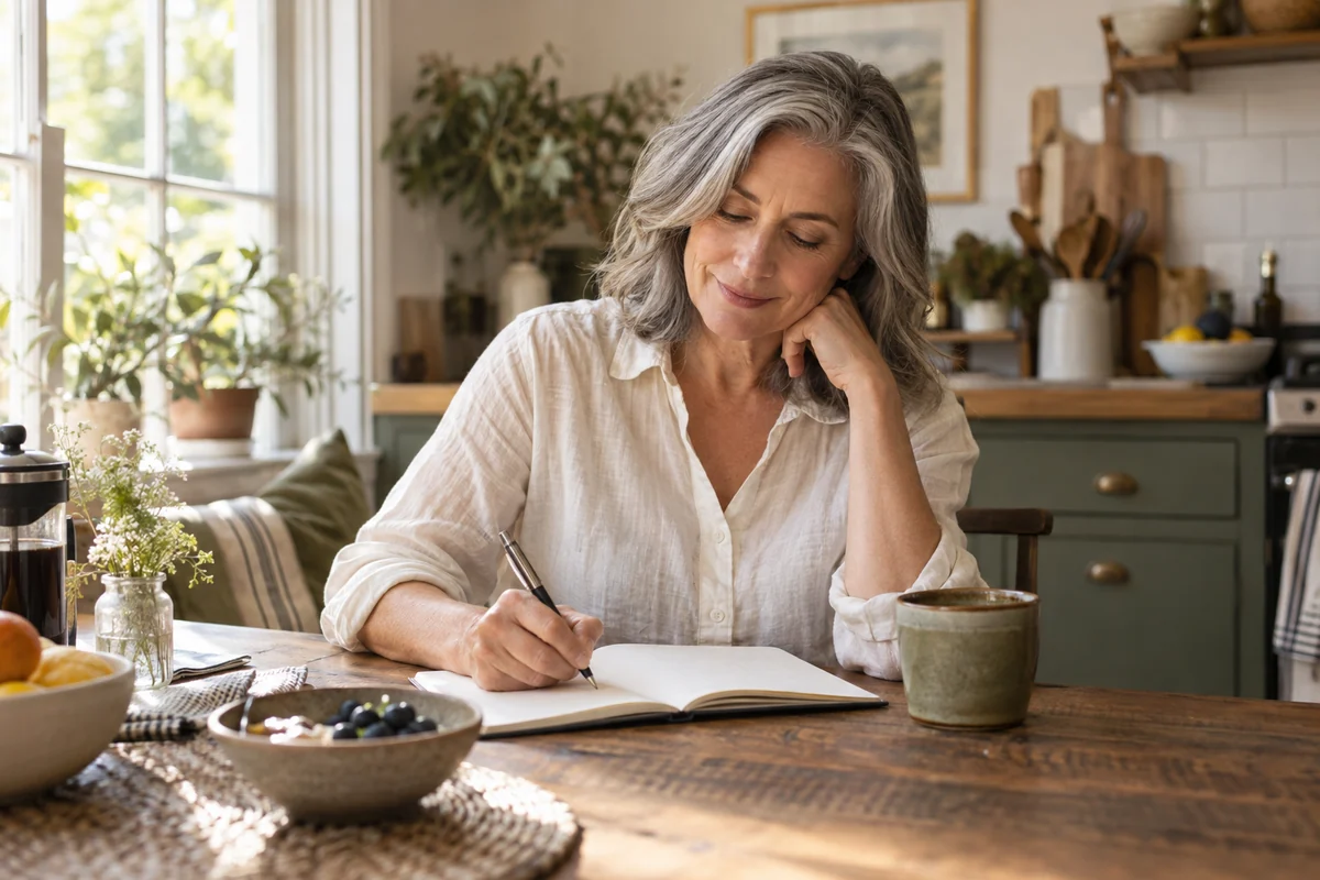 Midlife woman making a few notes at a bright, comfortable breakfast table