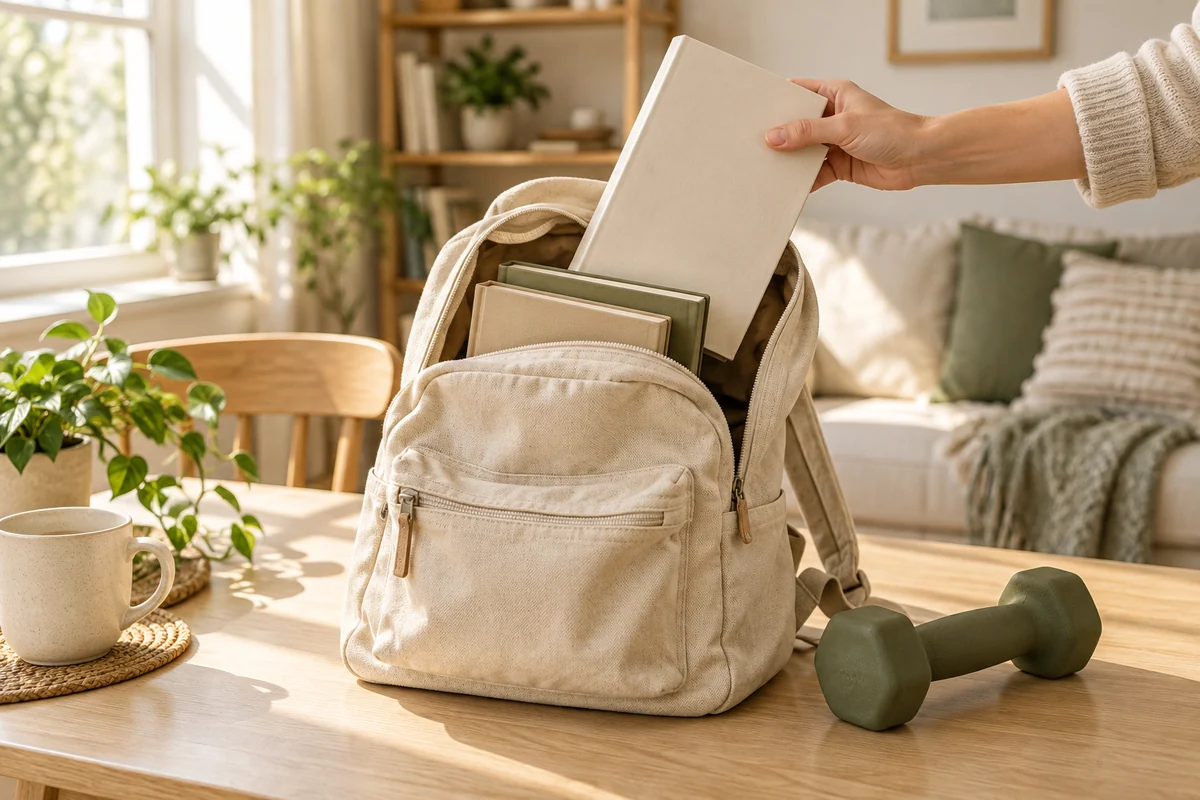 Una mano añade un libro de tapa lisa a una mochila de lona abierta junto a una mancuerna pequeña, como ejemplo de aumentar la carga