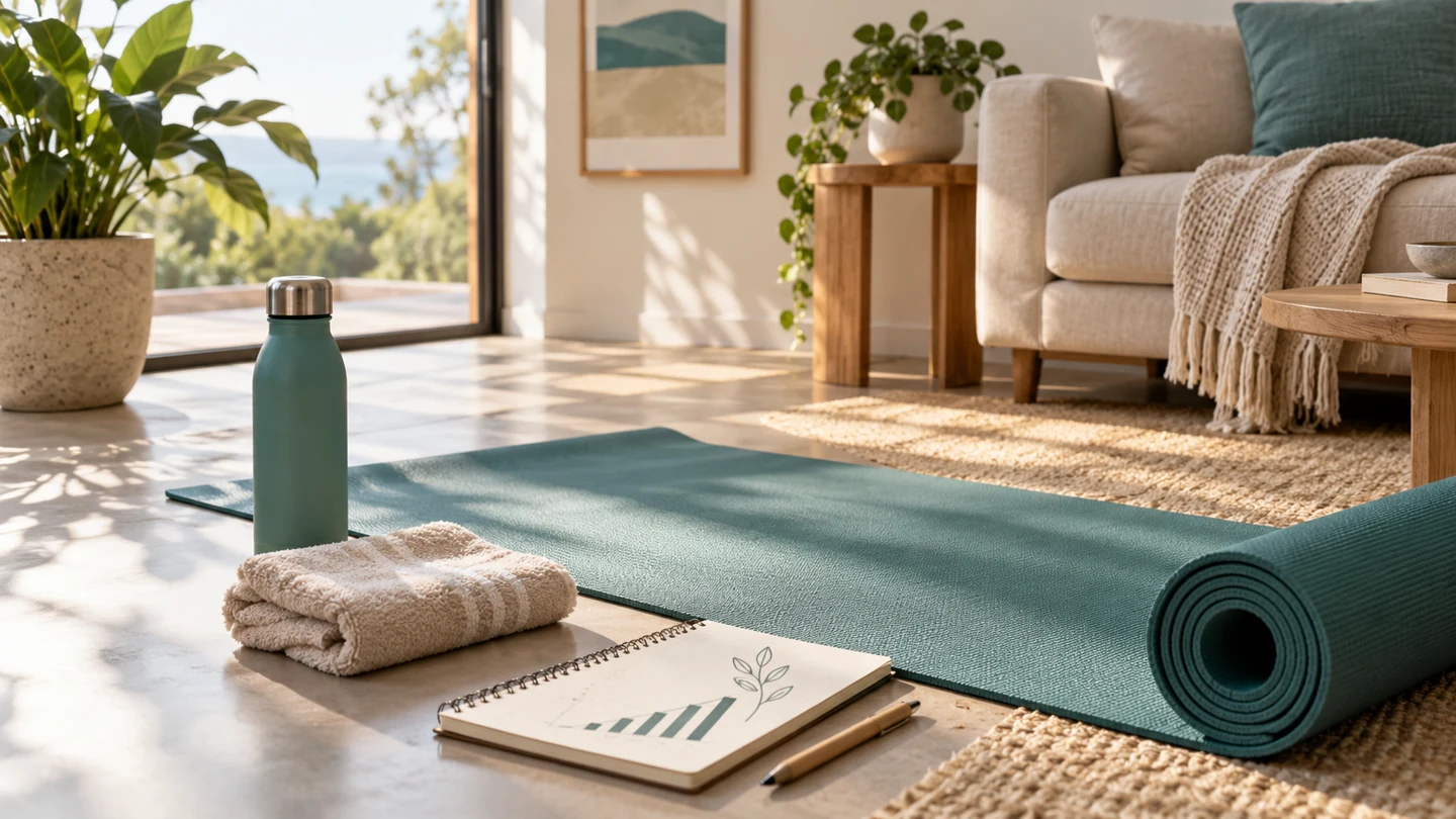 Eine Yogamatte und ein Trainingsheft zu Hause