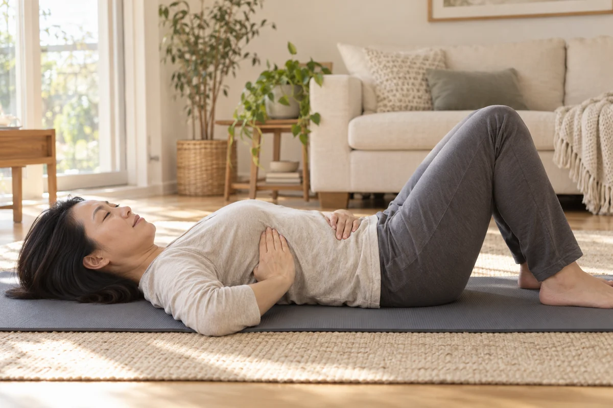 Clothed adult reclining with knees bent and hands resting on the lower ribs and abdomen