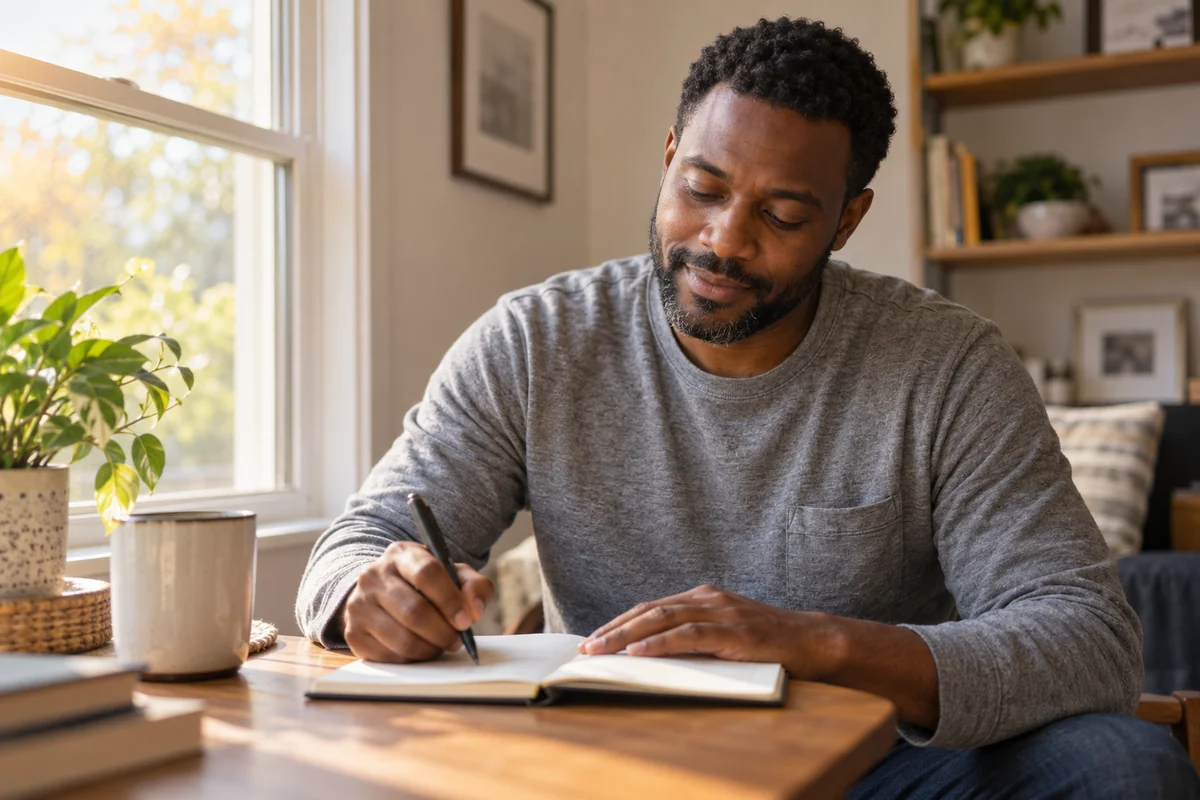 Adult man quietly writing in a notebook beside a bright window