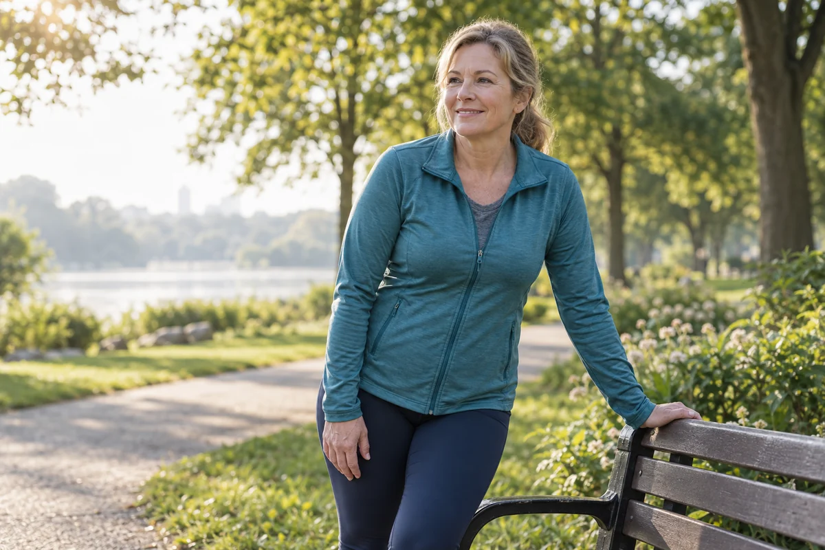 Adult woman in running clothes taking a relaxed break beside a park bench