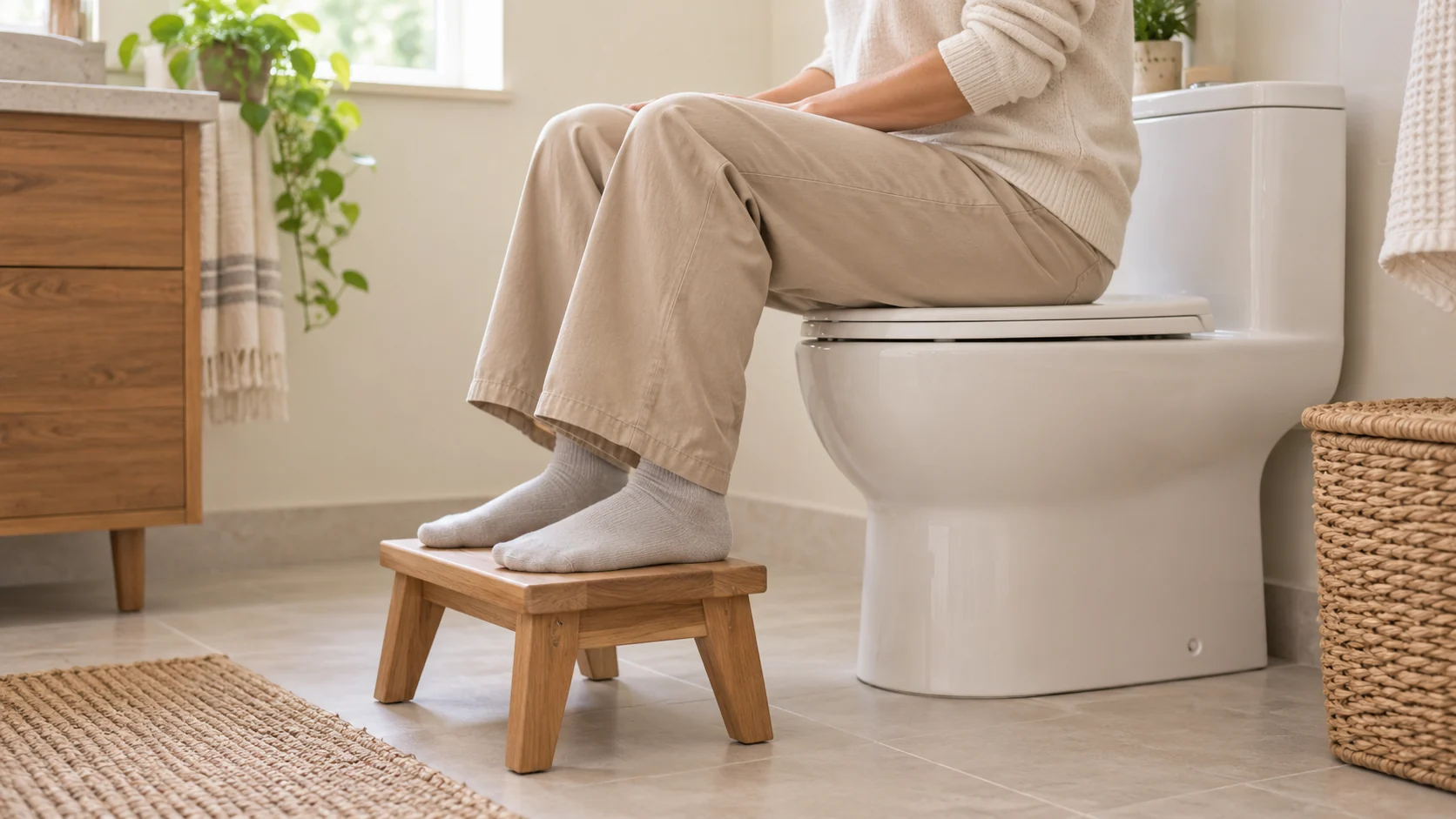 Baño tranquilo con un reposapiés bajo y estable delante del inodoro