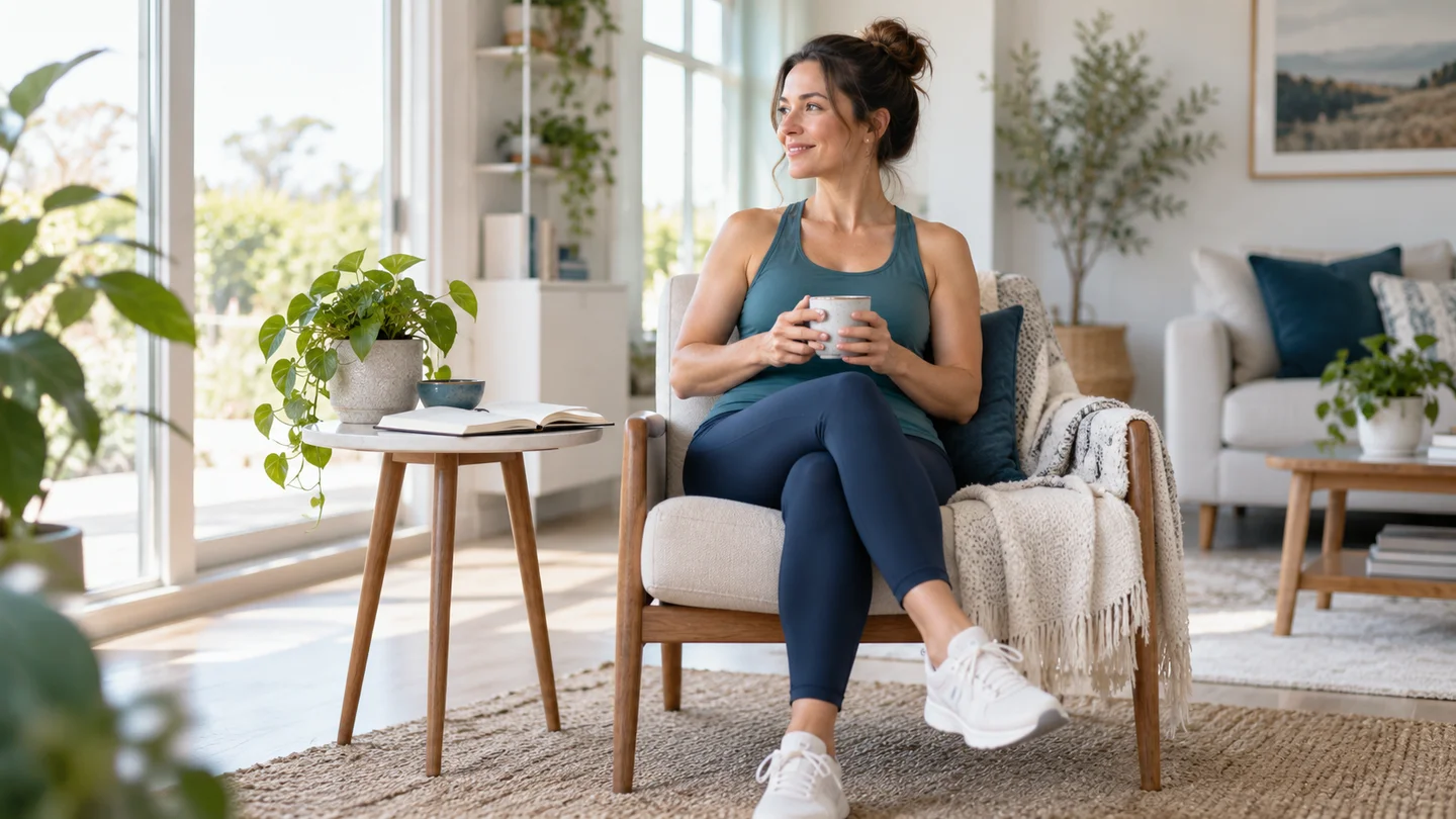 Woman sitting comfortably beside a notebook in a bright home