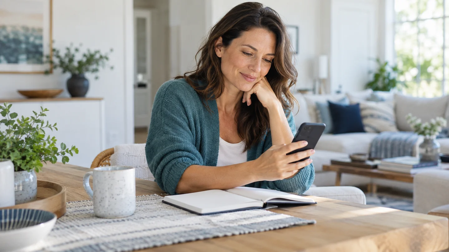 Woman reviewing her phone beside a notebook at home