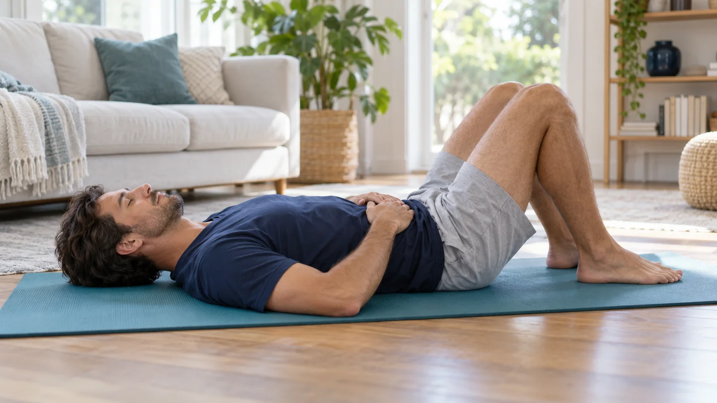 Man resting on a yoga mat with knees bent and hands resting on his abdomen