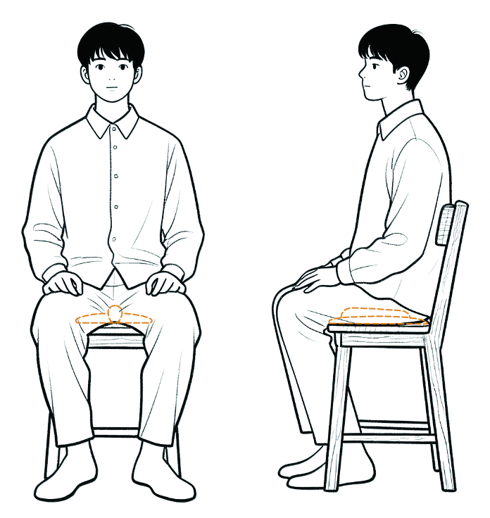 Originalabbildung aus der Gen-4-Anleitung: Sitzposition von vorn und von der Seite, Füße auf dem Boden, Gerät flach auf dem Stuhl